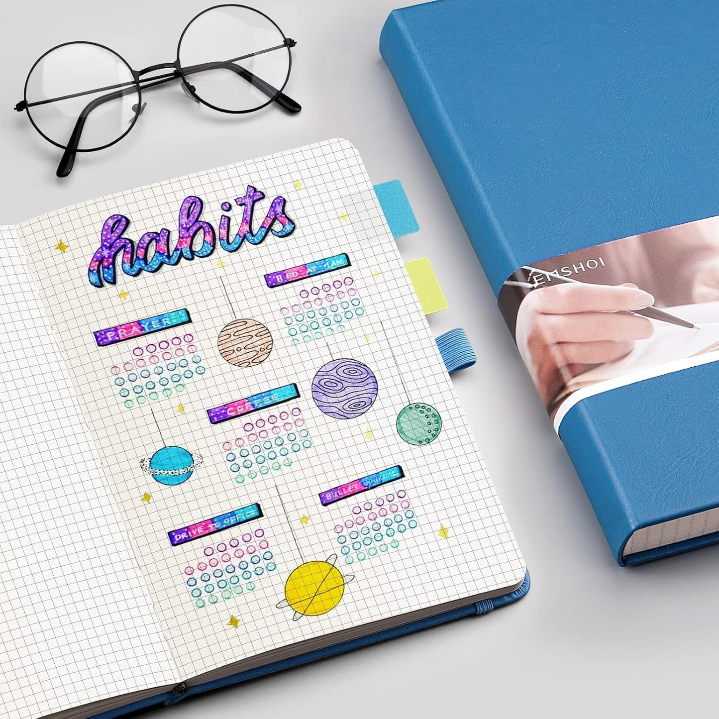 EMSHOI A5 Graph Paper Notebook Journal - 256-Page Hardcover, 120gsm Thick Ink-Proof Paper, PU Leather Cover with Inner Pocket, Portable 5.75"x8.38" Size for Work, Math, Engineering – Light Blue