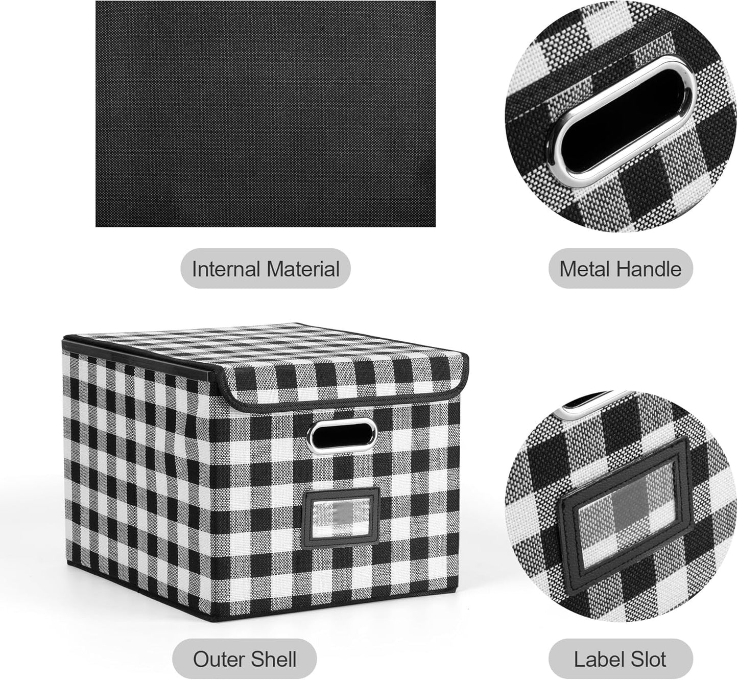 File Organizer Box, Linen Filing Organizer with Lid, Large Desktop File Boxes, Black and White Lattice