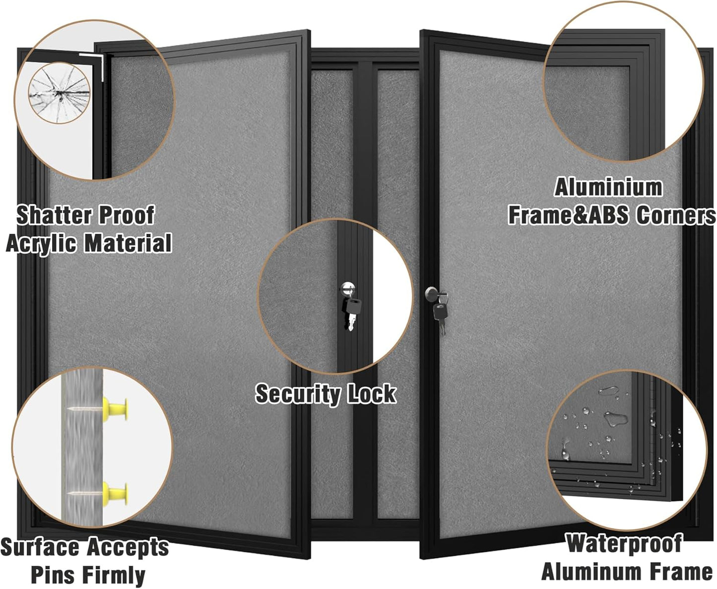48"x34" Enclosed Bulletin Board, Outdoor Lockable Weather-Resistant Aluminum Cork Noticeboard for School & Office, Black Frame w/Grey Flet
