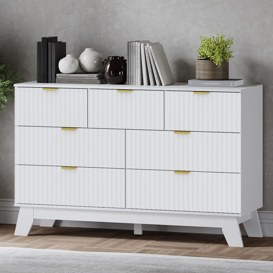 Fluted 7 Drawer Dresser, 47.2" Wide Modern Boho Chest of Drawers, Wooden Storage Dresser TV Stand for Bedroom, Living Room, Closet, Hallway, Curved Profile Design