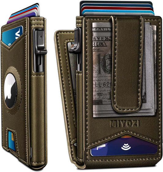 Airtag Wallet for Men,with Money Clip Gift Boxed,Slim Front Pocket Wallet RFID Blocking Metal Case Smart Pop-up Credit Card Holder in Magnetic Leather Flip