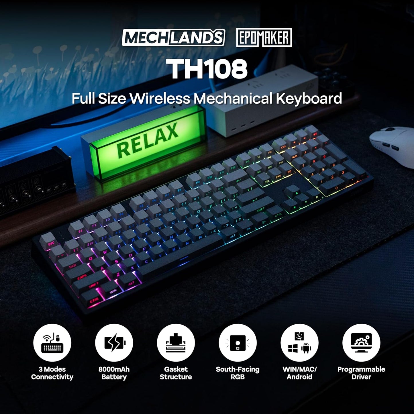 EPOMAKER TH108 Full Size Mechanical Keyboard, Wireless Gaming Keyboard, 8000mAh Battery, Creamy Gasket, 108 Keys, Hot Swap, Custom Driver, RGB Backlights (Black, Creamy Jade Switch)