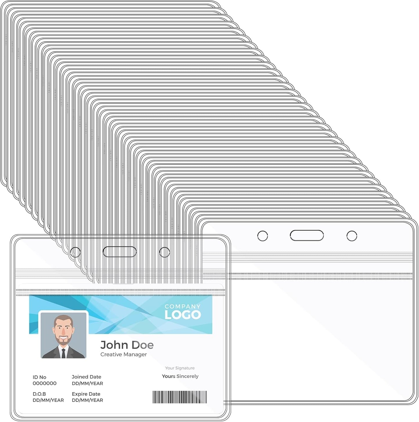 Happy Trees Badge Holder Horizontal ID Card Protector, Name Tag Badge Holders with Resealable Zip, Clear PVC Plastic Sleeves, Pass Case Credential Pouch for Office, School (50 Pack)