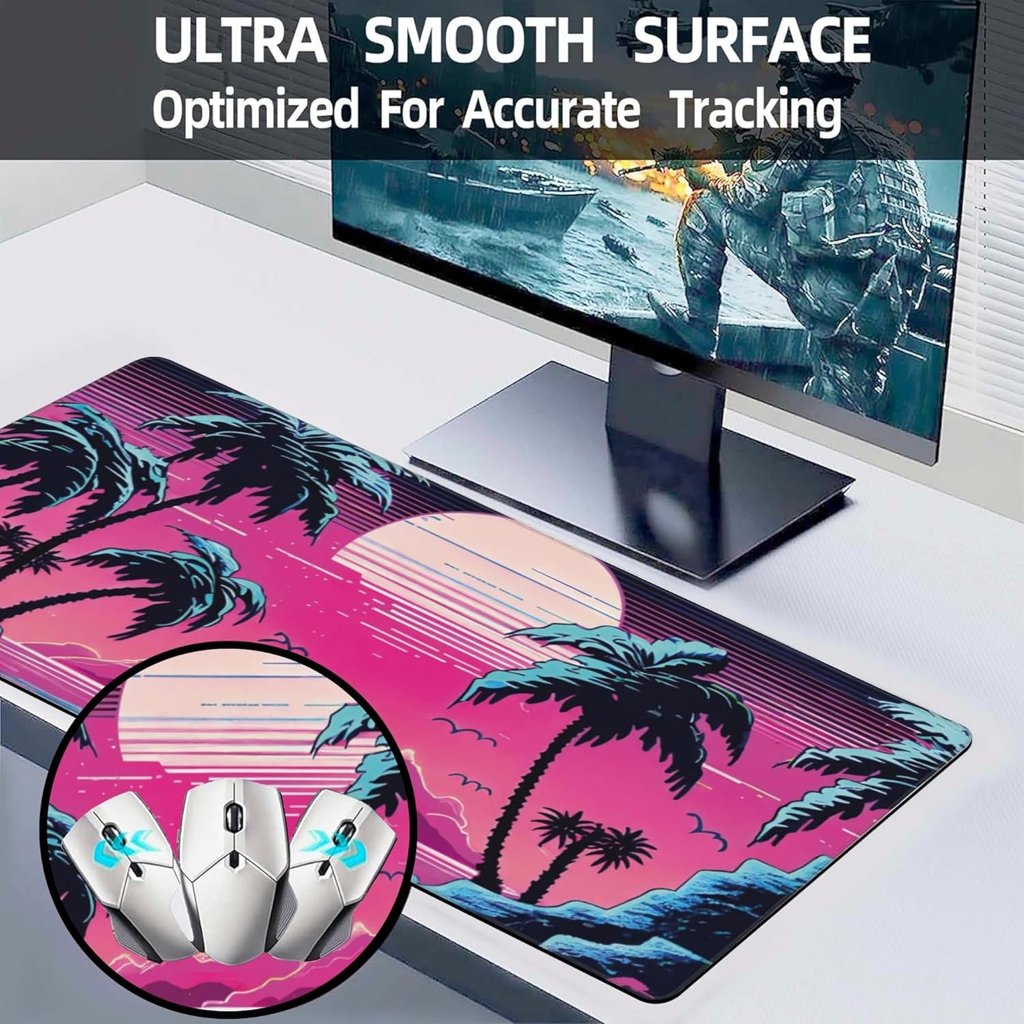 Desk Mat, Tropical Sunset and Palm Trees Extended Large Gaming Mouse Pad for Desk XXL, Non-Slip Rubber Base Stitched Edges Long Computer Keyboard Desk Pad Mouse Mat for Home Office Gaming 35.4"X15.7"