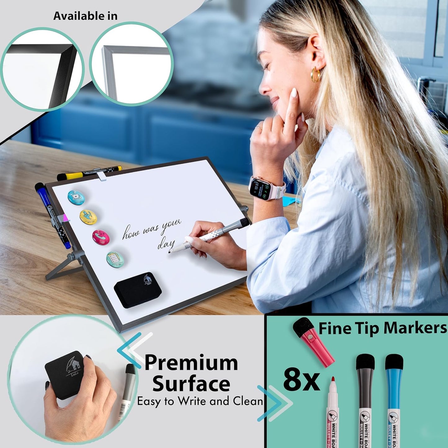 12x16 Magnetic Dry Erase Whiteboard – Double-Sided Desktop Board with Stand, 8 Markers, 4 Glass Magnets, Eraser, Marker Holder – Portable Wipe Off Board for Desk, Wall, School, Home