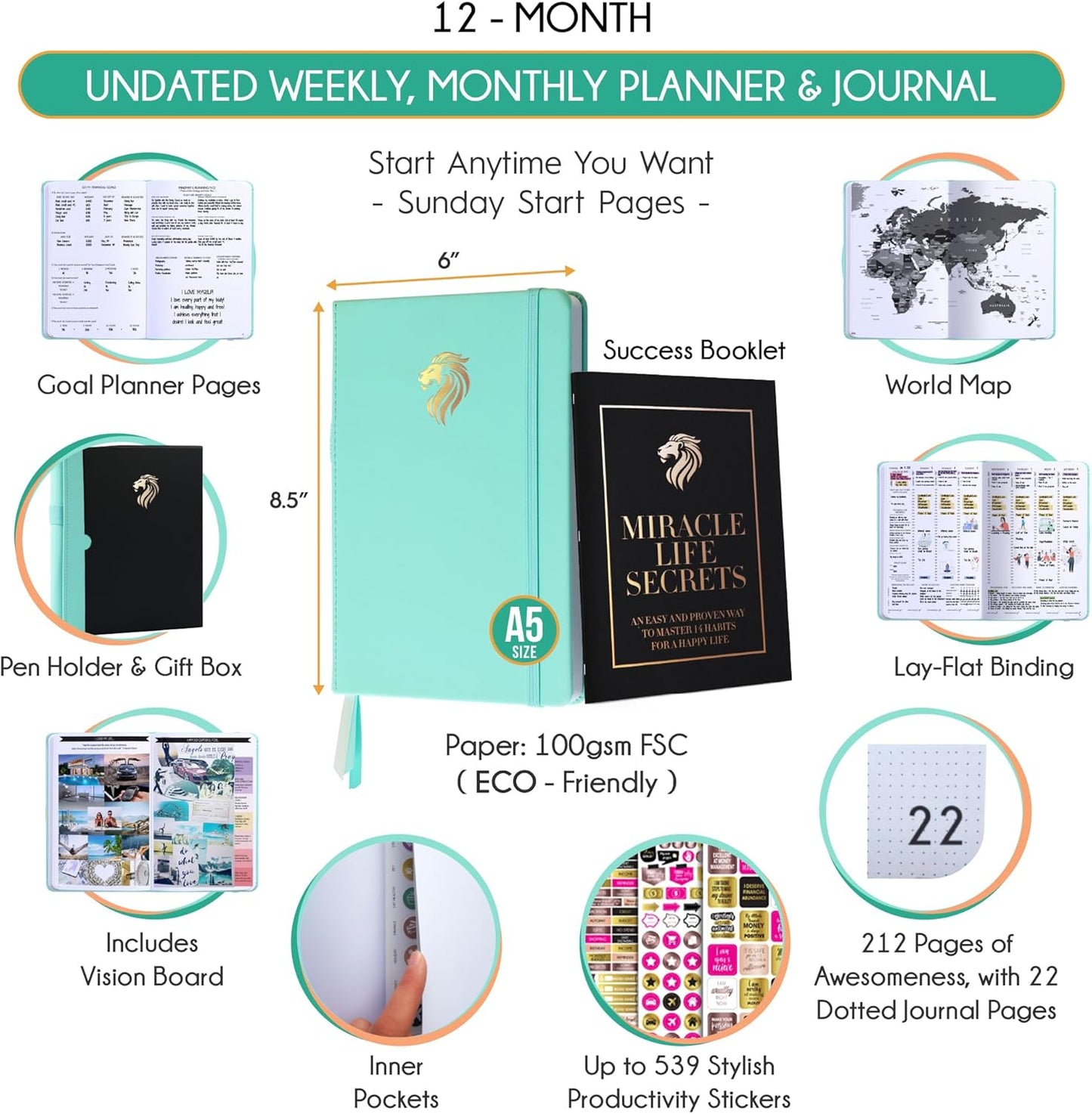 Hourly Planner - Undated Daily, Weekly & Monthly Planner with Budget Section | A 12 Month Journey to Increase Productivity & Happiness | Life Organizer & Gratitude Journal - Horizontal Format