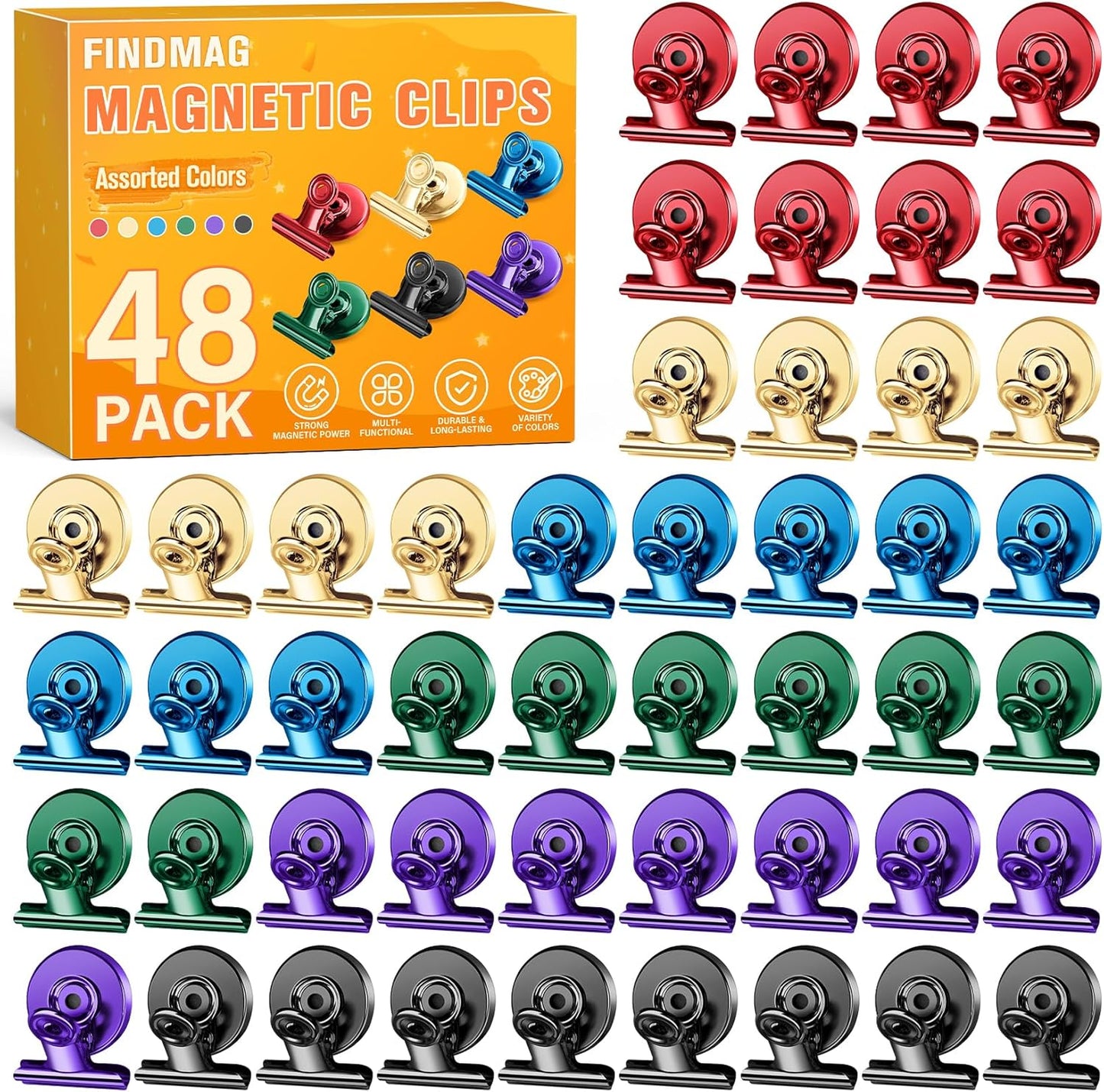FINDMAG 48 Pack Magnetic Clips for Photo ANG Picture Display, Strong Scratch-Free Refrigerator Magnets, Heavy Duty Clips for Picture Hanging, Whiteboard, Kitchen, Office, School Use.