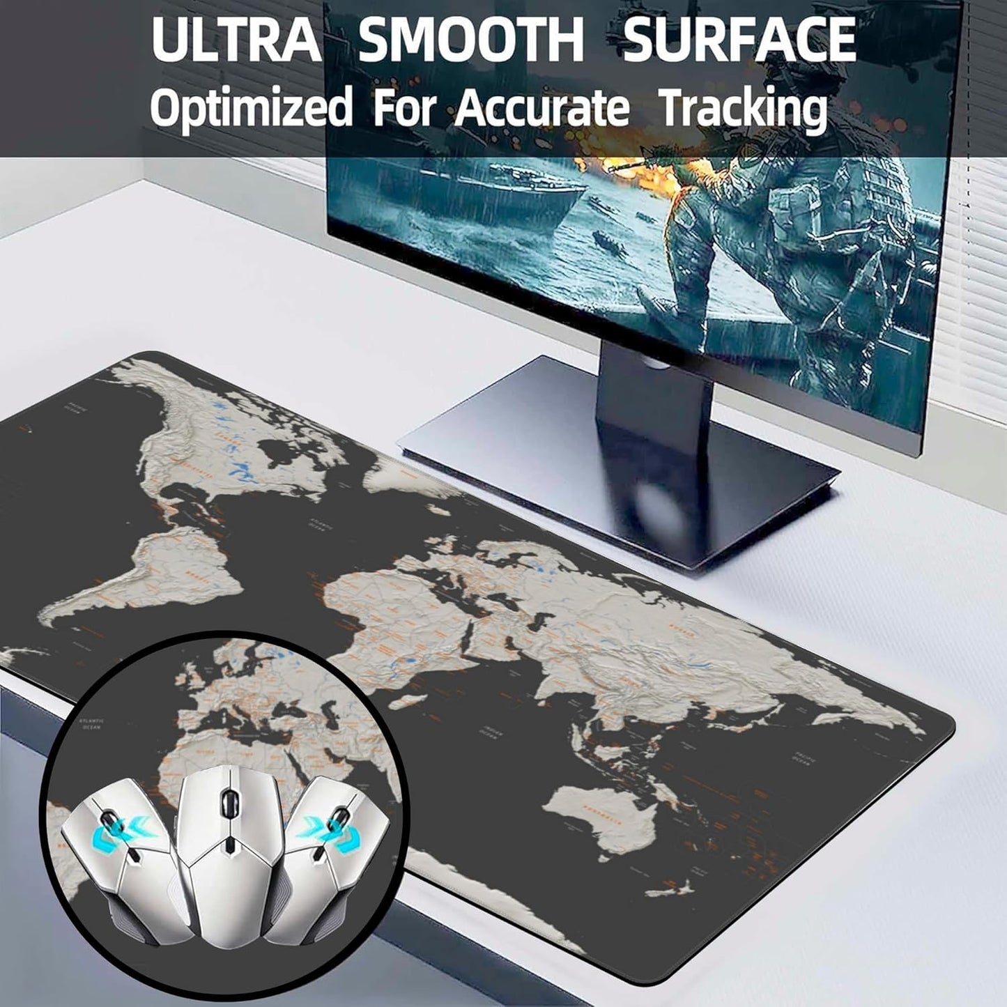 Desk Mat, Vintage World Map Extended Large Gaming Mouse Pad XXL, Non-Slip Rubber Base Stitched Edges Long Computer Keyboard Desk Pad Mouse Mat for Home Office Gaming 35.4"X15.7"