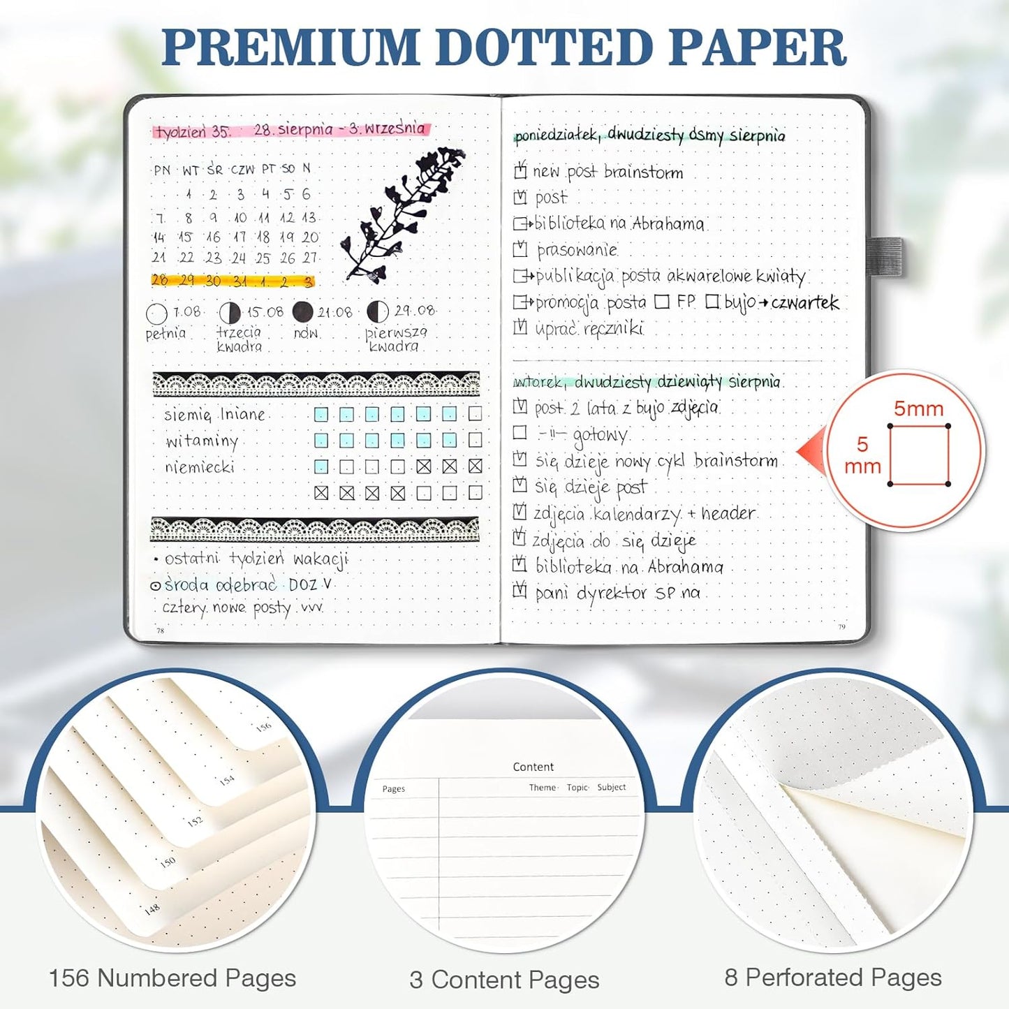 Bullet Dotted Journal Notebook 3 Pack, A5 Dotted Journal with 120gsm Paper, Leather Dotted Notebook, Hardcover Dot Grid Notebook Each with 156 Nmubered Pages, Dot Journal for Women, 5.75" × 8.38"