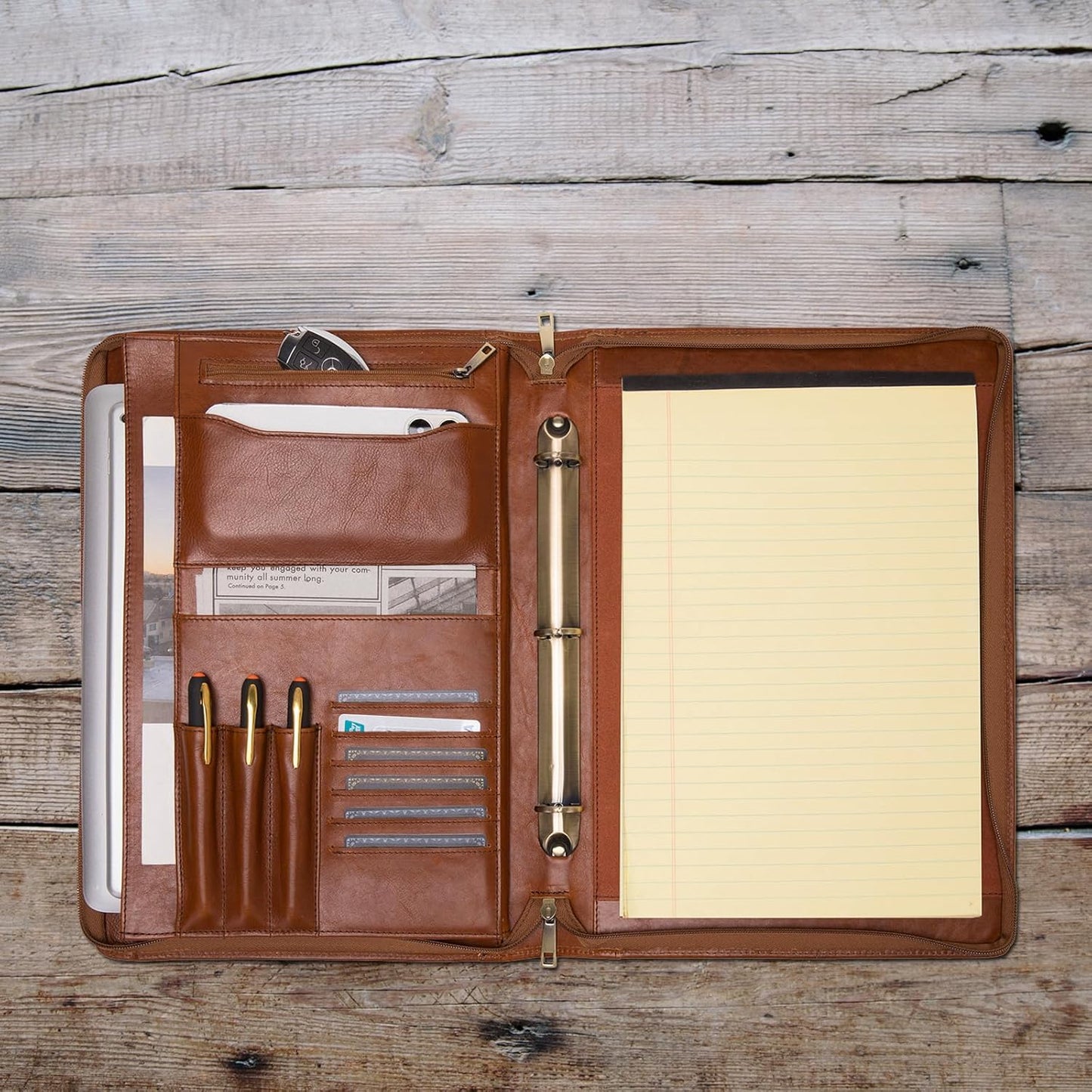 Genuine Leather 3 Ring Binder Portfolio, 8.5 x 14 Legal Size Pad Holder, Hidden Handle, Zippered Padfolio with 15” Laptop Organizer, Professional Business Folio for Men Women, Brown, Oil Tanned
