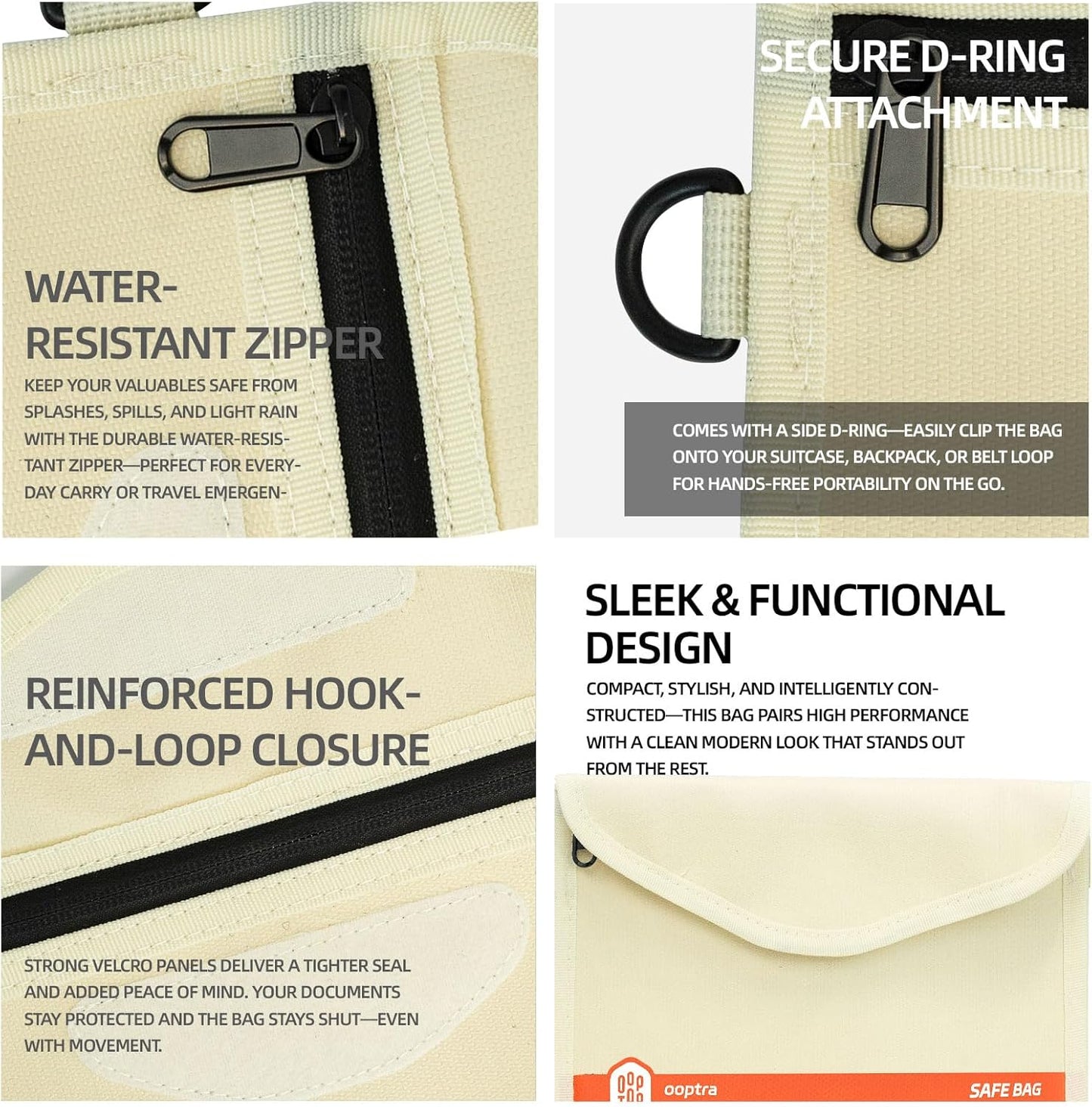 Fireproof Document Bag (Beige) – Waterproof Zipper – Lightweight & Portable – for Home, Office & Travel – Holds Files, Cash, Passport, Valuables – Fire & Water Resistant – with External Buckle