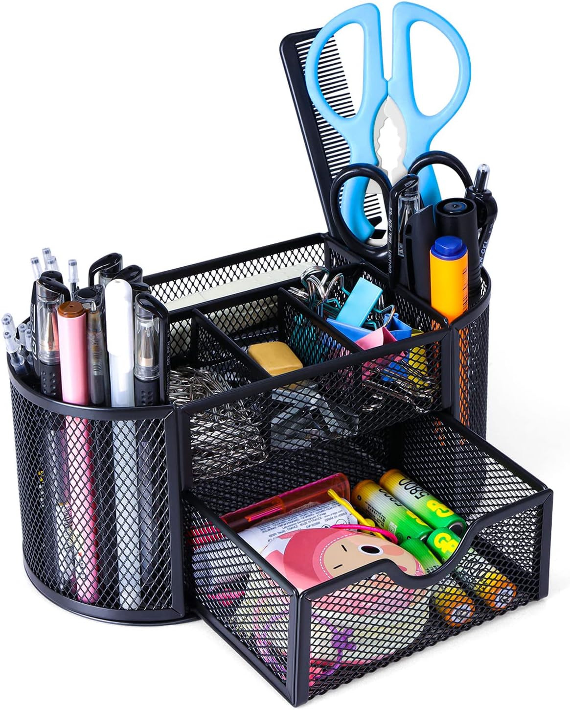 Black Mesh Pen Holder Desk Organizer Cute Office Supplies Pencil and Marker Organizers Oval Desk Caddy with 8 Compartments and 1 Drawer Workspace Accessories for Office School Home