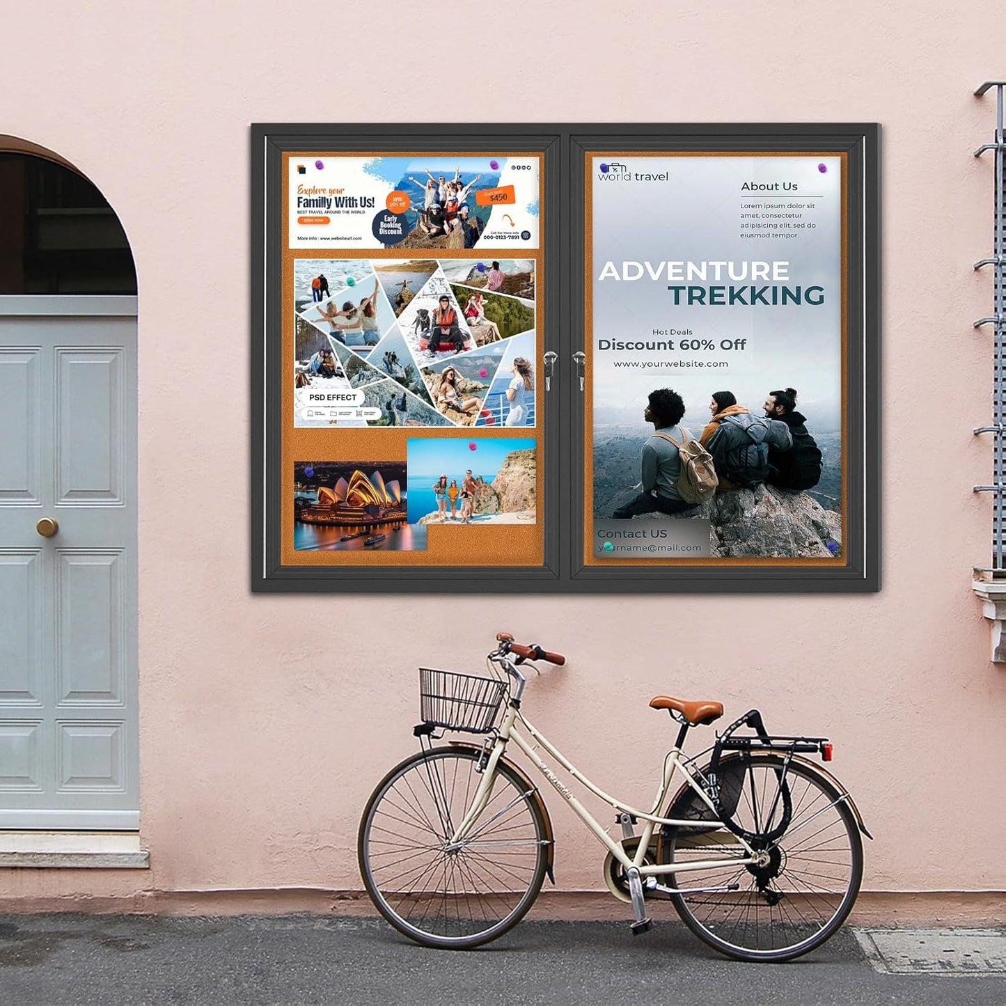 Enclosed Bulletin Board Lockable,Double-Door Weatherproof Outdoor Noticeboard with Locking Door, Wall-Mounted Aluminum Framed Presentation Board, 44x32 Inch (8xA4)