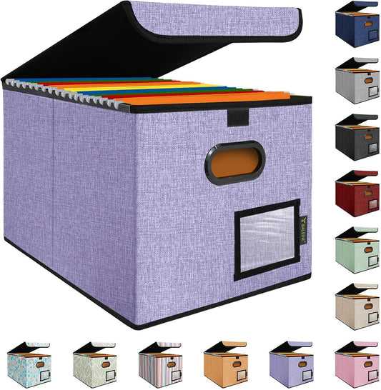 BALEINE File Organizer Box with Lid, Collapsible File Folder Organizer with Plastic Slide, Hanging File Folder Box for Office Document Storage (1 Pack, Purple)