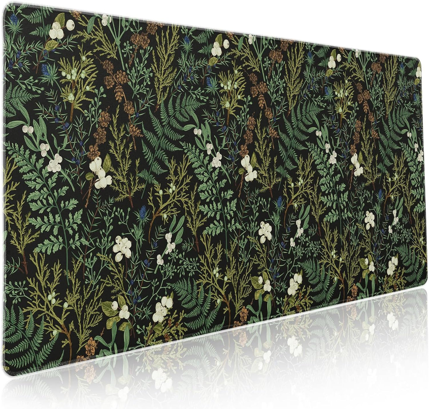 Black Aesthetic Vintage Botanical Gaming Mouse Pad XXL Cute Forest Green Plant Nature Floral Extended Large Mouse Pad Big Mousepad Non-Slip Stitched Edge Long Mat for Desk Office Computer,35.4x15.7 in