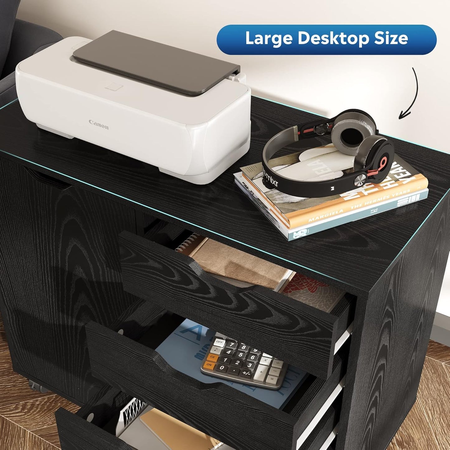 DEVAISE 5-Drawer Wood Dresser Chest with Door, Mobile Storage Cabinet, Printer Stand for Home Office, Black