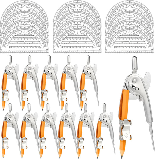 24 Pack Geometry Tool Set, Math Compass for Geometry and 6 Inch Protractor Set Include Metal Compass with Pencil and Clear Plastic Protractor for Student Classroom Office Woodworking Art Drawing