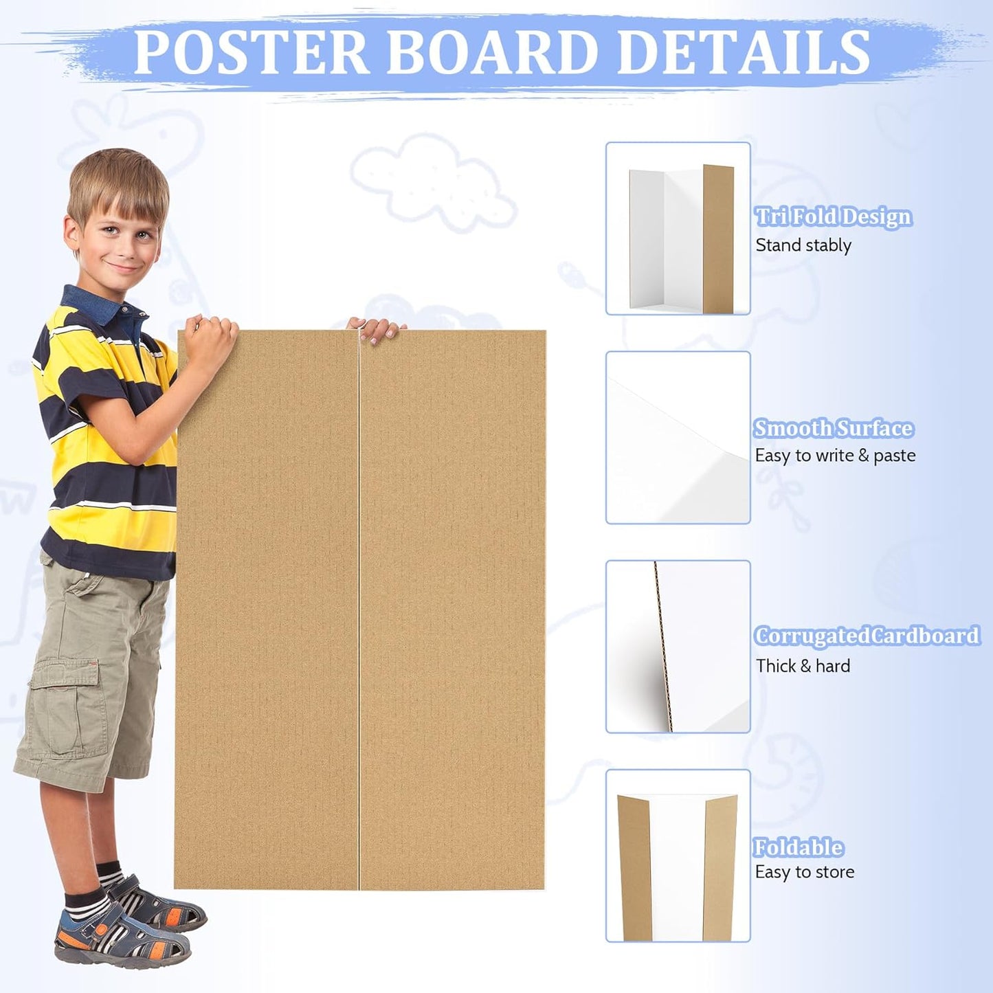 2 Pack 36" x 48" Trifold Poster Board for Presentation, White Corrugated Cardboard Large Tri Fold Poster Board for Science Fair, Office & School Projects, Photo Displays, Exhibitions Event