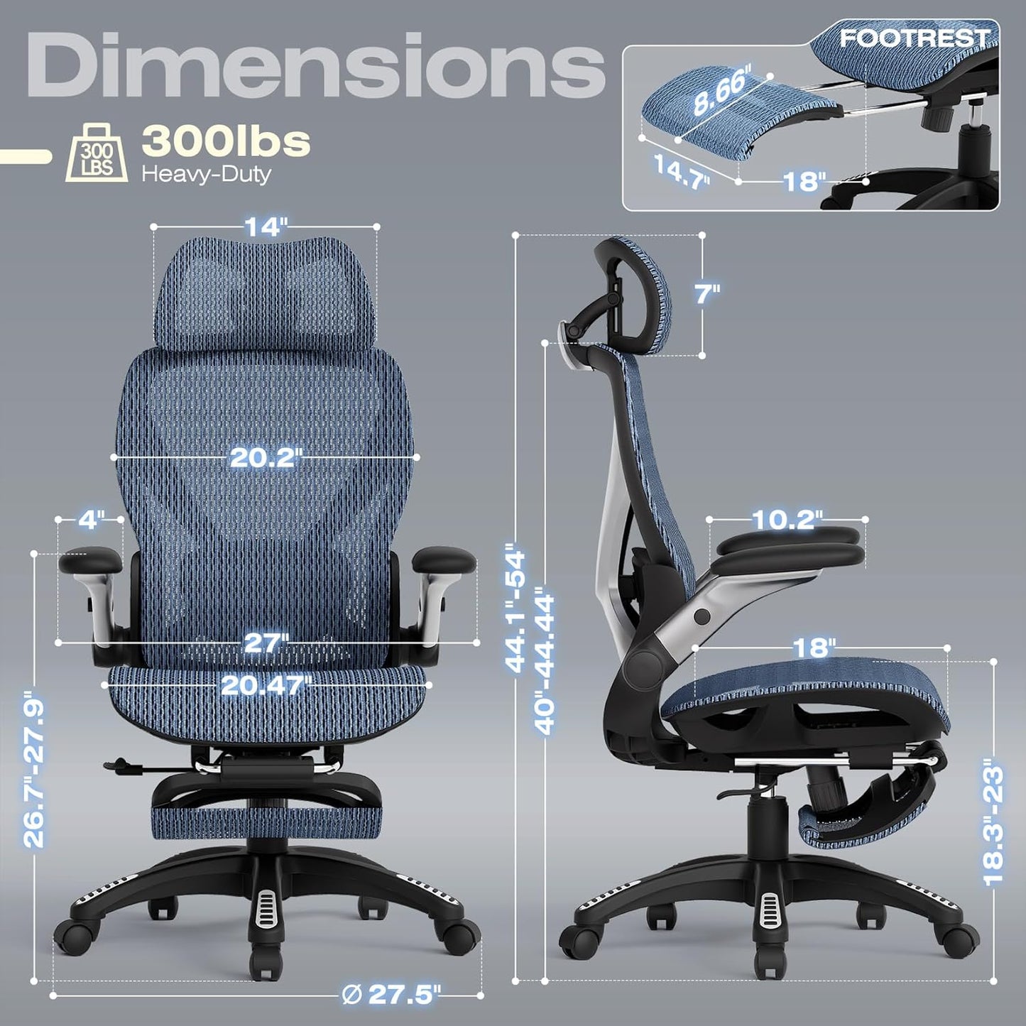 ELABEST X100 Ergonomic Office Chair with Footrest, Big and Tall Home Desk Chair with 5D Flip-Up Arms, Adjustable 8D Lumbar Support,High Back Rolling Computer Chair, Swivel Mesh Chairs (Oaxaca Blue)
