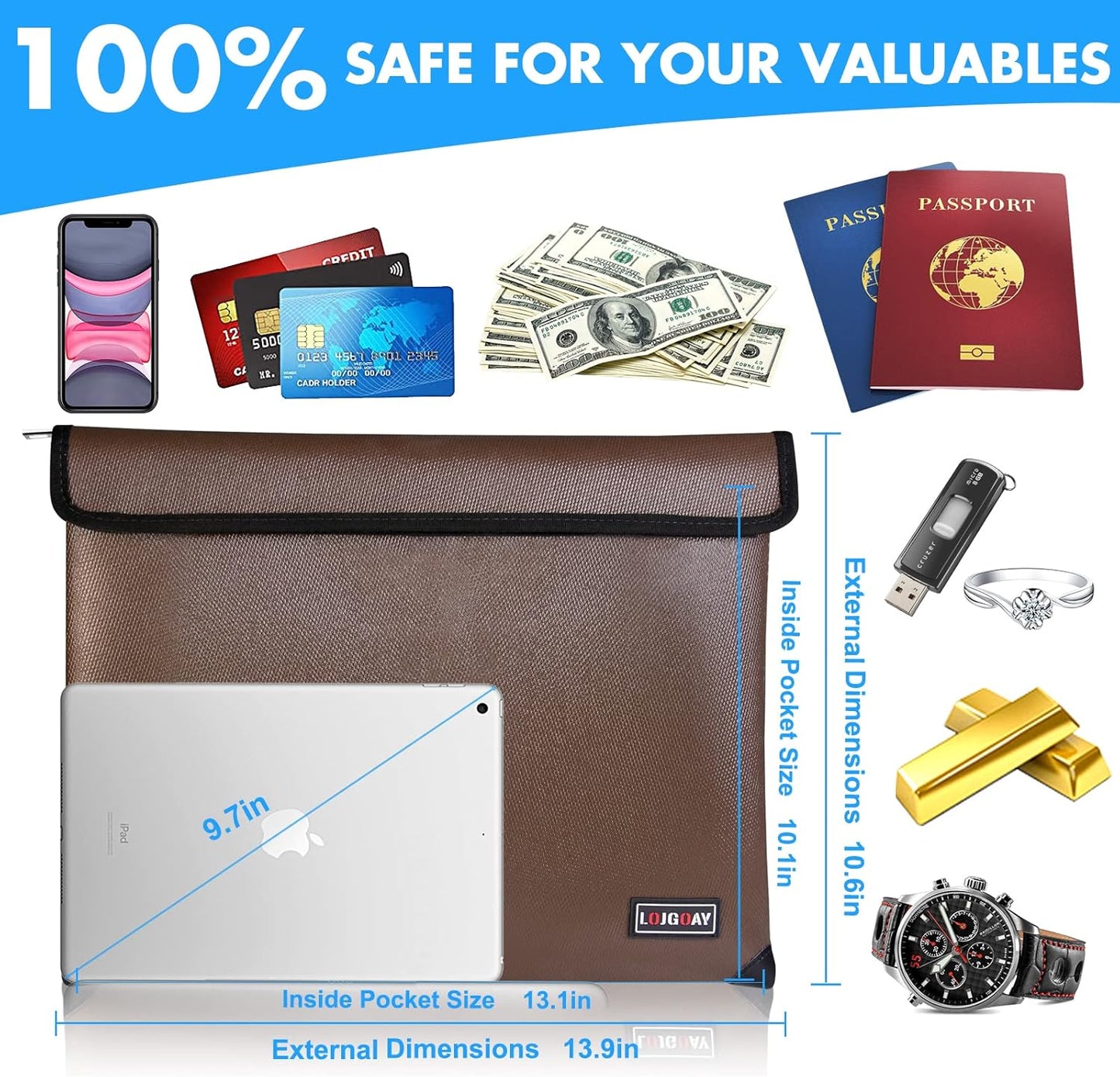 Fireproof Bag with 5200 Thermal Insulated, Waterproof Fireproof Box with Zipper, Safe for Home, Bank, Documents (13.9"x10.6", Brown)