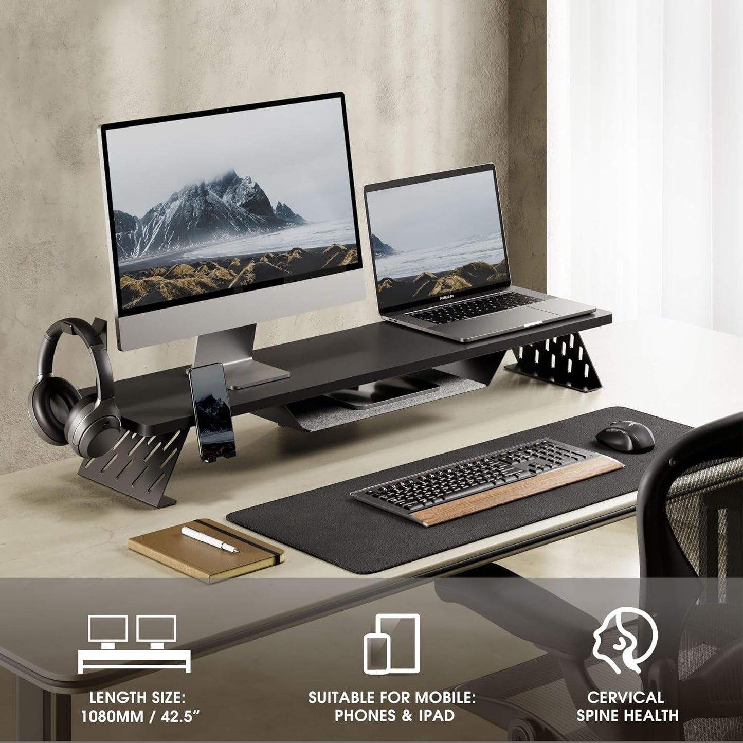 Fenge Dual Monitor Stand, 42.5 Inch Monitor Riser for Desk, Wood Desk Shelf for 2 Monitors, 2 Tier Monitor Shelf with Headphone Stand & Phone Holder
