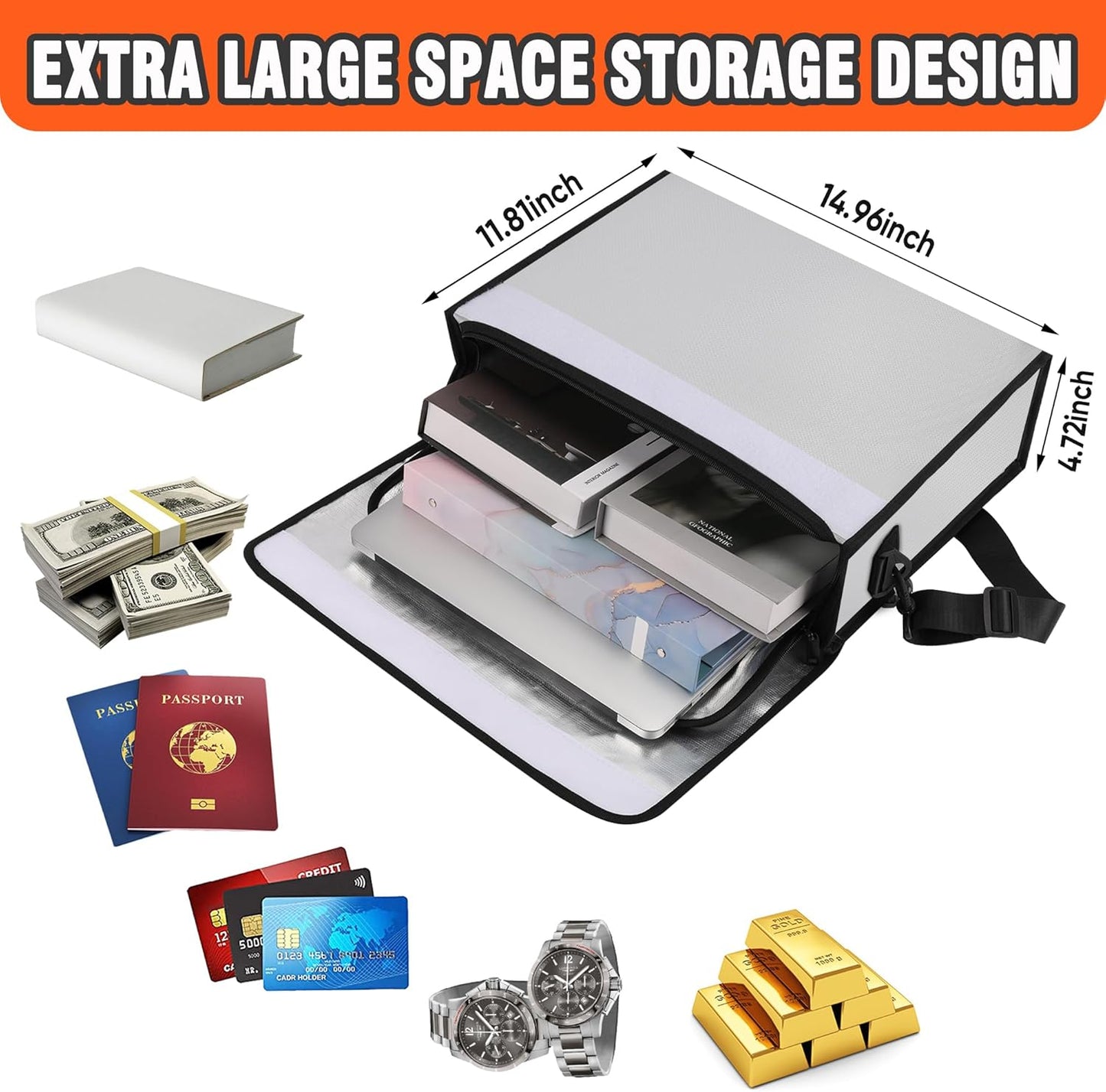 Fire Proof File Box for Documents with Shoulder Strap 5200℉ Insulated,14.9"x11.8"x4.7"Fireproof Document Bag with Reflective Strip,Fireproof Box for Money,Valuables,Jewelry(Silver)