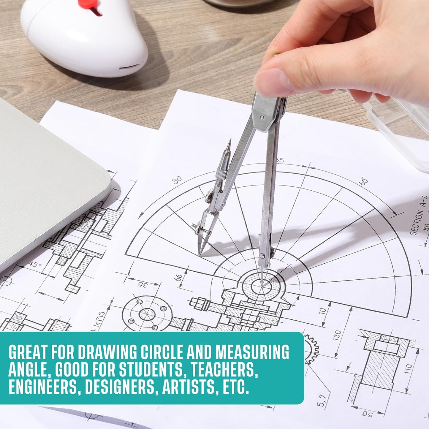 EBOOT Student Geometry Math Set, Drawing Compass and 6 Inch Swing Arm Protractor 180 Degree Math Protractor(Turquoise)