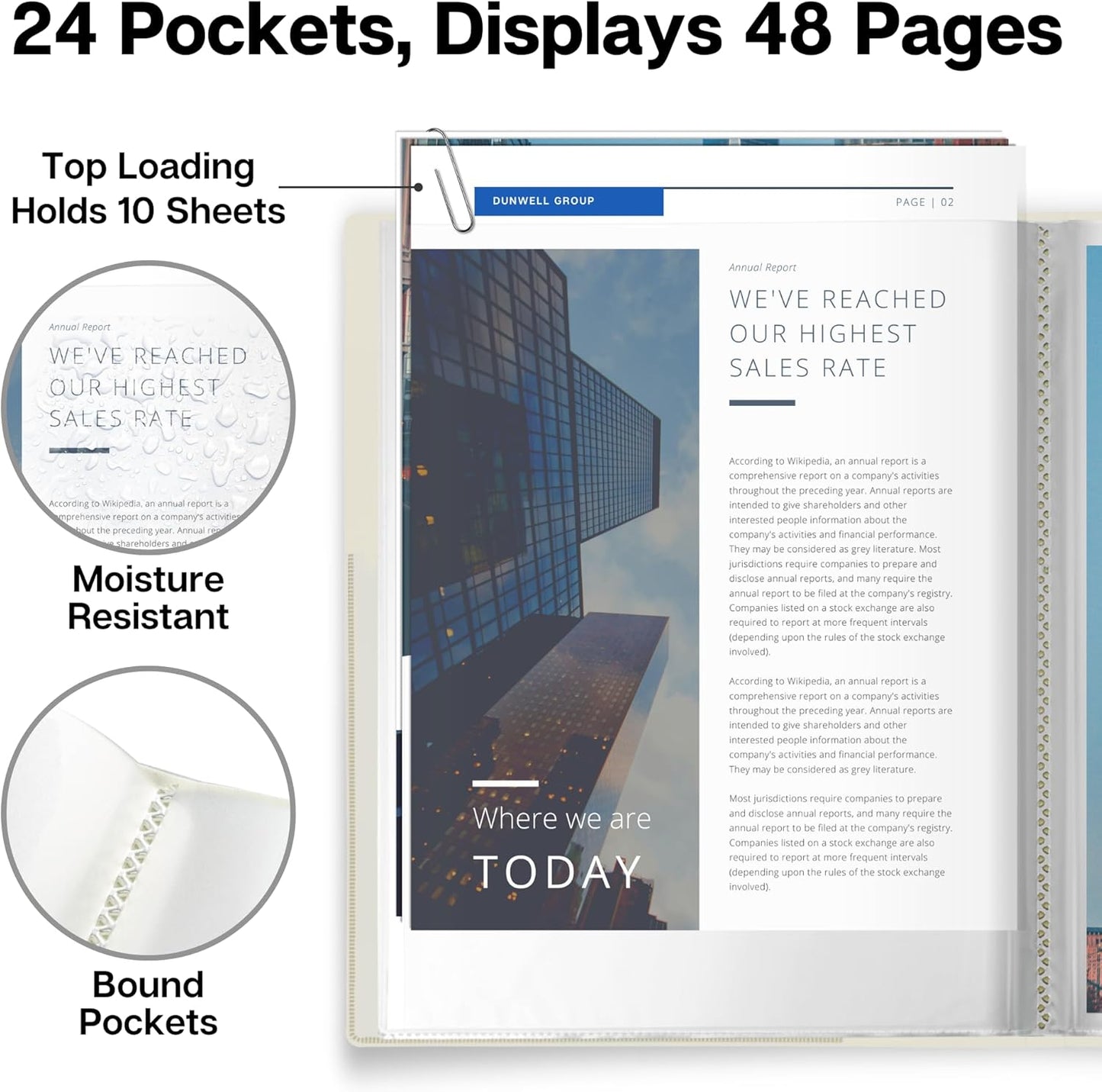 Dunwell Presentation Binder 24-Pocket, Displays 48 Pages, 8.5x11 Portfolio Binder with Plastic Sleeves, Storage and Organizer for Documents, Certificates, Projects, Photos (Ivory)