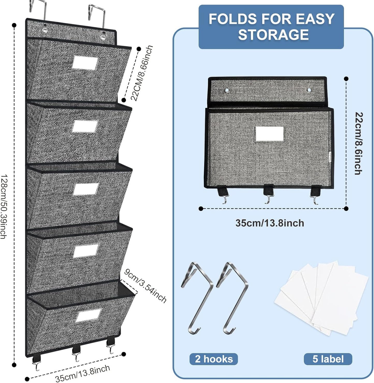 Homyfort Over the Door File Organizer, Hanging Wall File Folders with 5 Large Pockets for Papers, Charts, Mails, Magazine, Office and Back To Supplies Storage and Organization (Black)