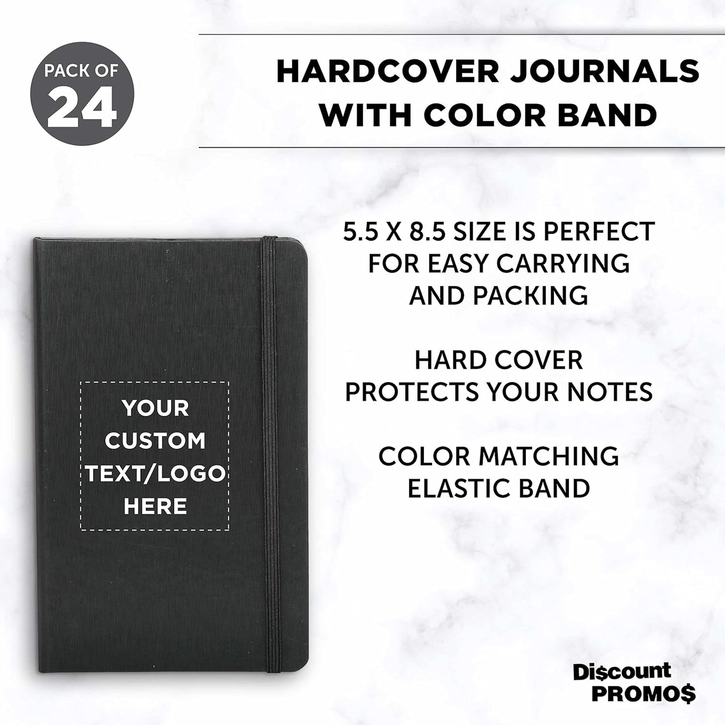 DISCOUNT PROMOS Custom Hardcover Notebook Journals with Elastic Colored Band Set of 24, Personalized Bulk Pack - Perfect for School, Office, Home - Black