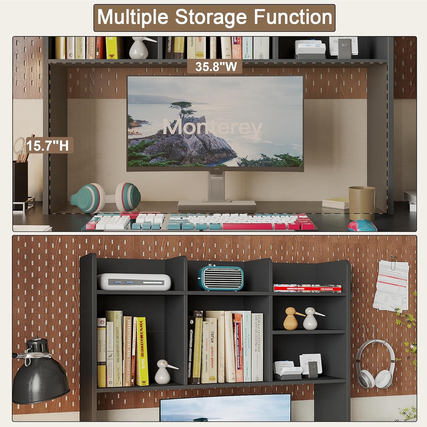 ChooChoo Desktop Bookshelf, Wood Desk Hutch Organizer with 7 Shelves for Computer Desk, Desktop Shelf Bookshelf Storage for College Dorm Office Home, Black