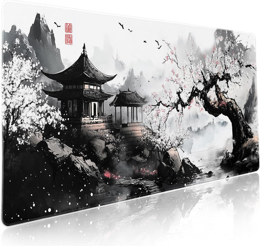 Black Whtie Japanese Gaming Mouse Pad XXL Anime Sakura Cherry Blossom Tree Extended Large Mat Mousepad Desk Pad Non-Slip Rubber Base Stitched Edge Keyboard Pad Playmat for Computer,35.4×15.7 Inch