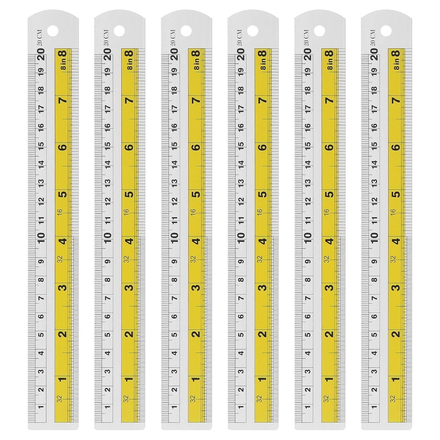 HARFINGTON 6pcs Metal Straight Ruler 20cm Metric SAE Aluminum Alloy Measuring Rulers Scale Tool with Hole for Measure Study Reading Classroom Office, Yellow