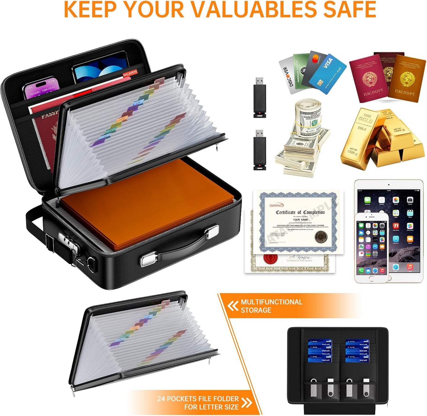 Fireproof Document Box with Fireproof Zipper,File Organizer Hard Case with Lock,Portable Document Safe for Important Document Laptop Valuables(Black,15.8"x5.9"x12.6")