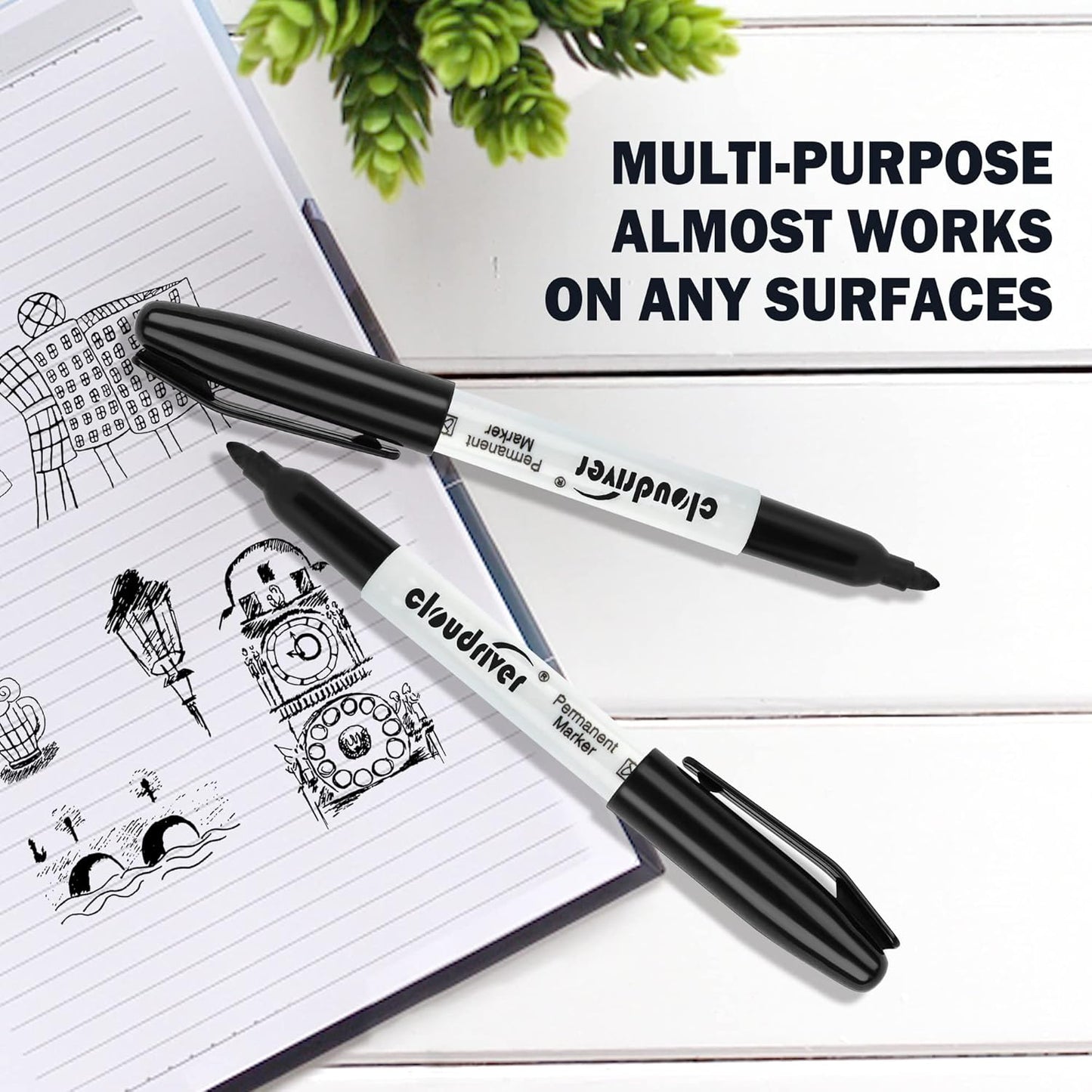 cloudriver Permanent Markers, 148 Pack Black Permanent Markers Set, Fine Point, Bulk Permant Markers Work on Wood, Plastic, Metal, Stone, Glass