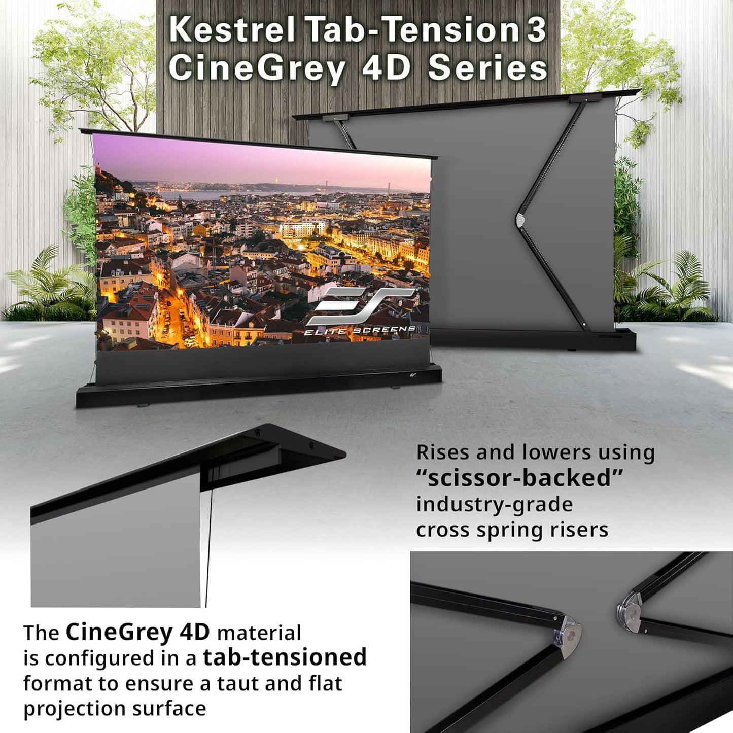 Elite Screens Kestrel Tab-Tension 3 CineGrey 4D, 150 inch 16:9, Standard Throw ISF Ceiling Ambient Light Rejecting (CLR/ALR) Electric Floor-Rising Projector Screen, Programmed Remote Kit, FTE150H3-C4D