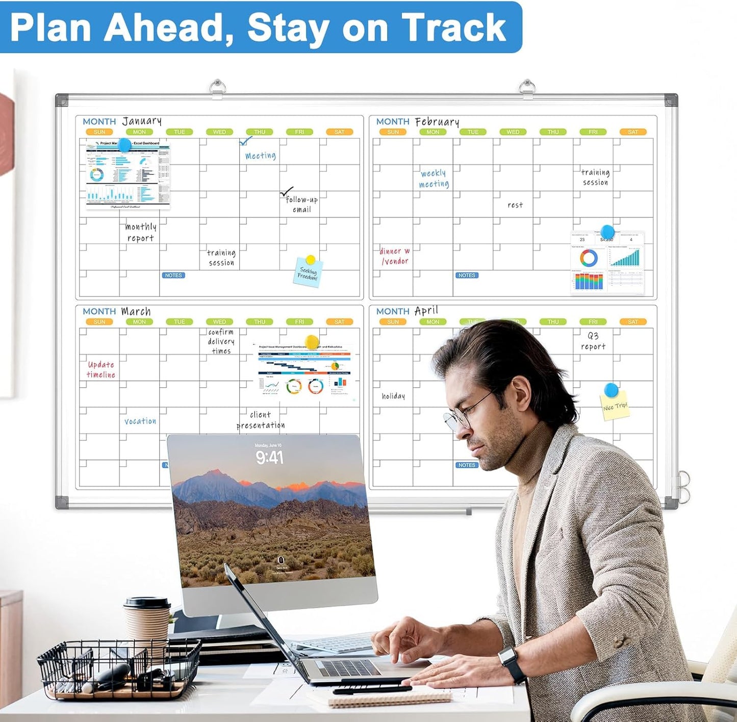 Dry Erase Calendar for Wall 4 Month, WALGLASS 48" x 36" Large Double-Sided White Board Calendar, Dry Erase Monthly Whiteboard, Silver Aluminum Frame Hanging Wall Mounted Board for Office Home School