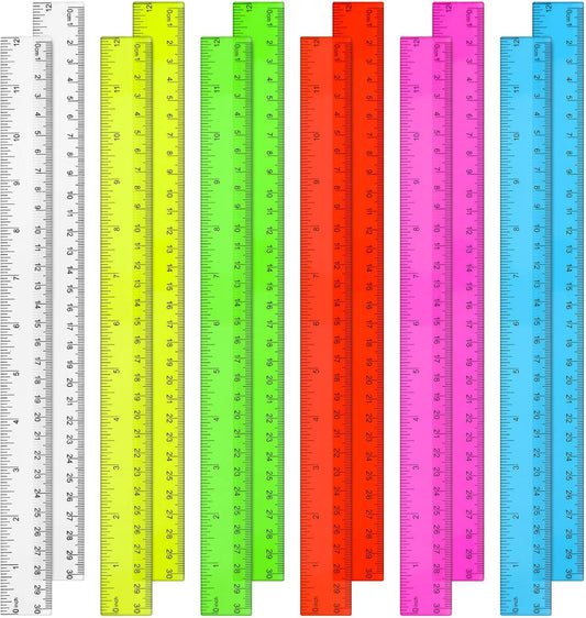 12 Pack Color Transparent Ruler Bulk 12 Inch Clear Plastic Rulers Kids Ruler with Centimeters and Inches Straight Measuring Drafting Tools for Classroom School Students Families Education