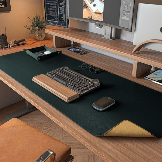DAWNTREES Dark Green Desk Mat,Leather Desk Pad,40"x16",Cork Desk Mat Protector,with PU Leather Valet Tray Organizer,Large Mouse Pad,Desk Writing Pad for Office and Home