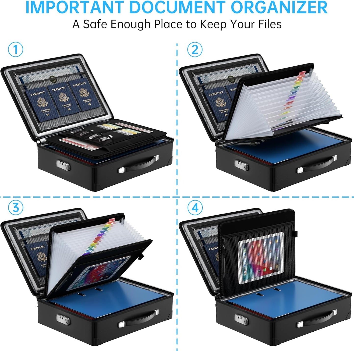 Fireproof Document Box with lock, File Organizer with Fireproof Zipper, Hard Shell Fireproof & Waterproof Storage box, Portable Safe for Home, Important Documents, Laptop, Black