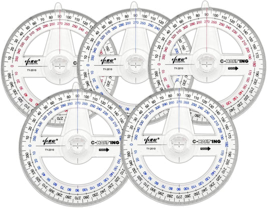 360° Protractor Pack of 5 Protactors Plastic Protractor Math Protractors Clear Protractor Ruler Drafting Tools Circle Protractor for Geometry