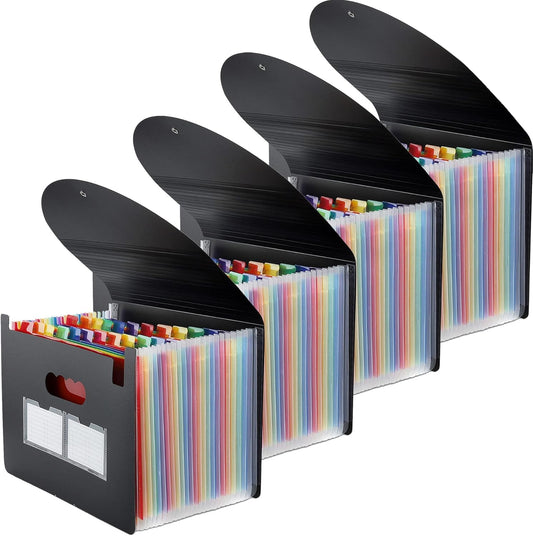 4 Pack Expanding File Folder, 24 Pocket Accordian File Organizer A4 Letter Size Portable Document Organizer with Colored Tabs, Expandable Desktop Accordion Folder -Black