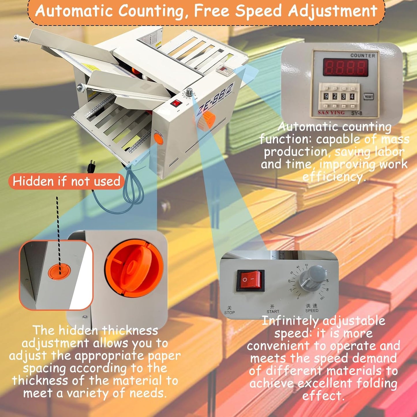 Digital Paper Folder 110V, Automatic Document Folding Machine w/ 2 Trays, Electronic Counter, Adjustable Speed (262ft/min Max), Desktop Paper Folding Machine for Manuals, Docs, Letters