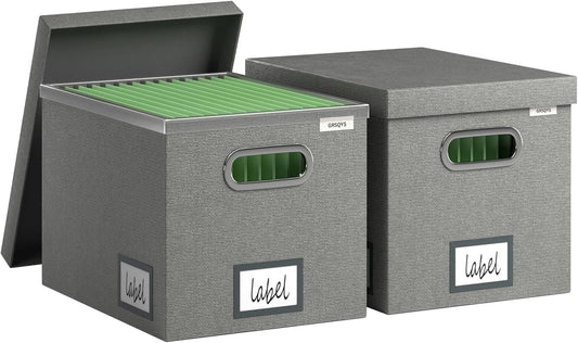 File Organizer Box - File Boxes for Hanging Files with Lid Set of 2 Decorative Hanging Folders Letter Size Organizer with One-Piece Plastic Frame Slides (Grey, 13.2 * 10.1 * 10.1in(2Pack))