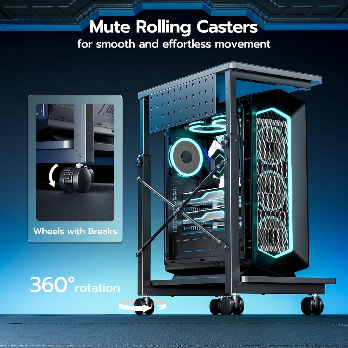 ARES WING Height Adjustable Computer Tower Stand, 2-Tier PC Tower Stand for Most PC, CPU Holder Cart with Locking Wheels for Gaming Home Office, 21.7"-33.5" Height