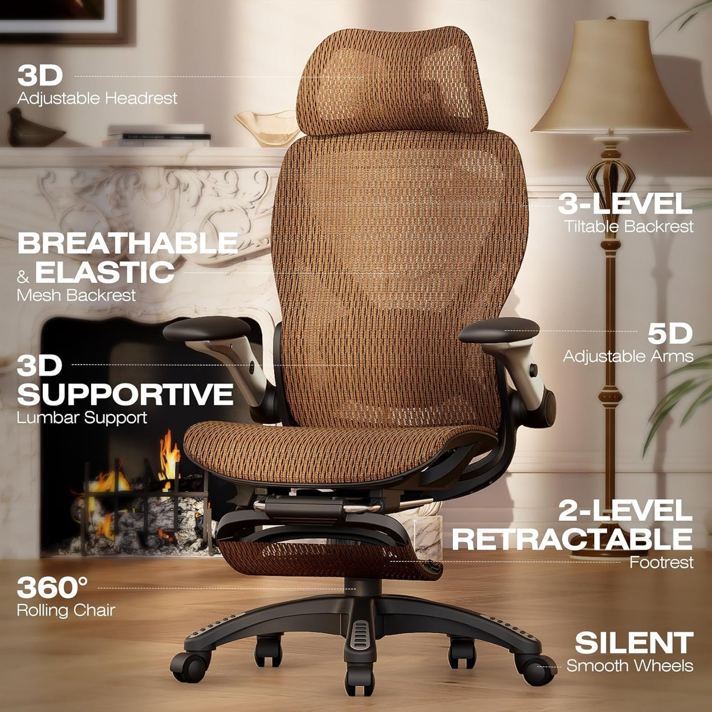 ELABEST X100 Ergonomic Office Chair with Footrest, Big and Tall Home Desk Chair with 5D Flip-Up Arms, Adjustable 10D Lumbar Support,High Back Rolling Computer Chair, Swivel Mesh Chairs