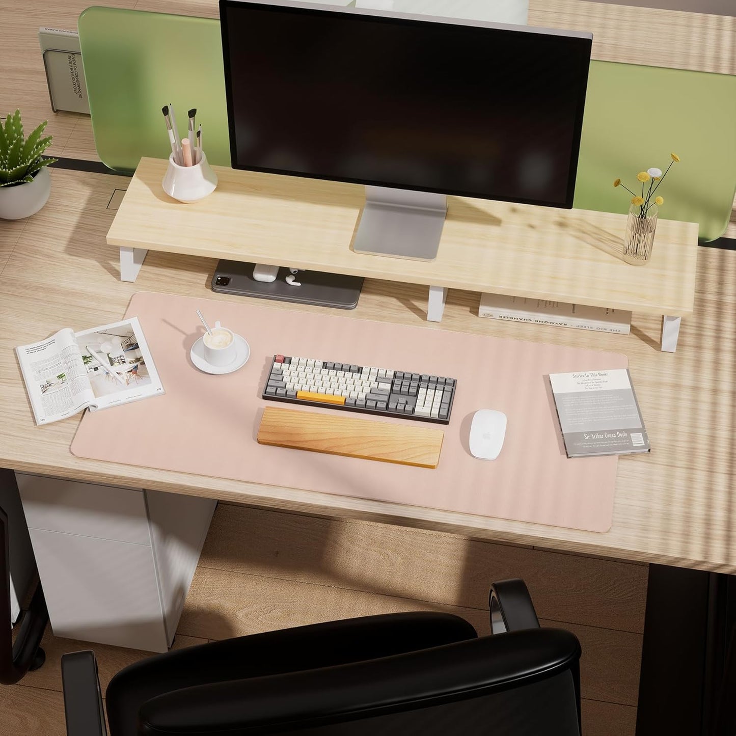 Aothia Double-Sided Desk Pad – 37.8"x17" Leather Desk Mat with Eco Cork Protector, Large Mouse Pad, Waterproof Desk Blotter for Office/Home (Pink)