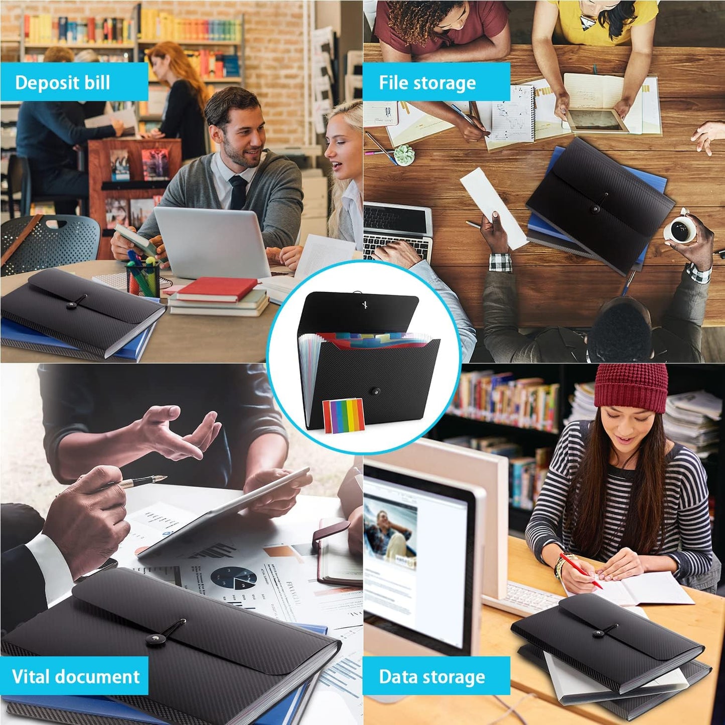 Expanding File Folder, 13 Pockets, Black, Polypropylene