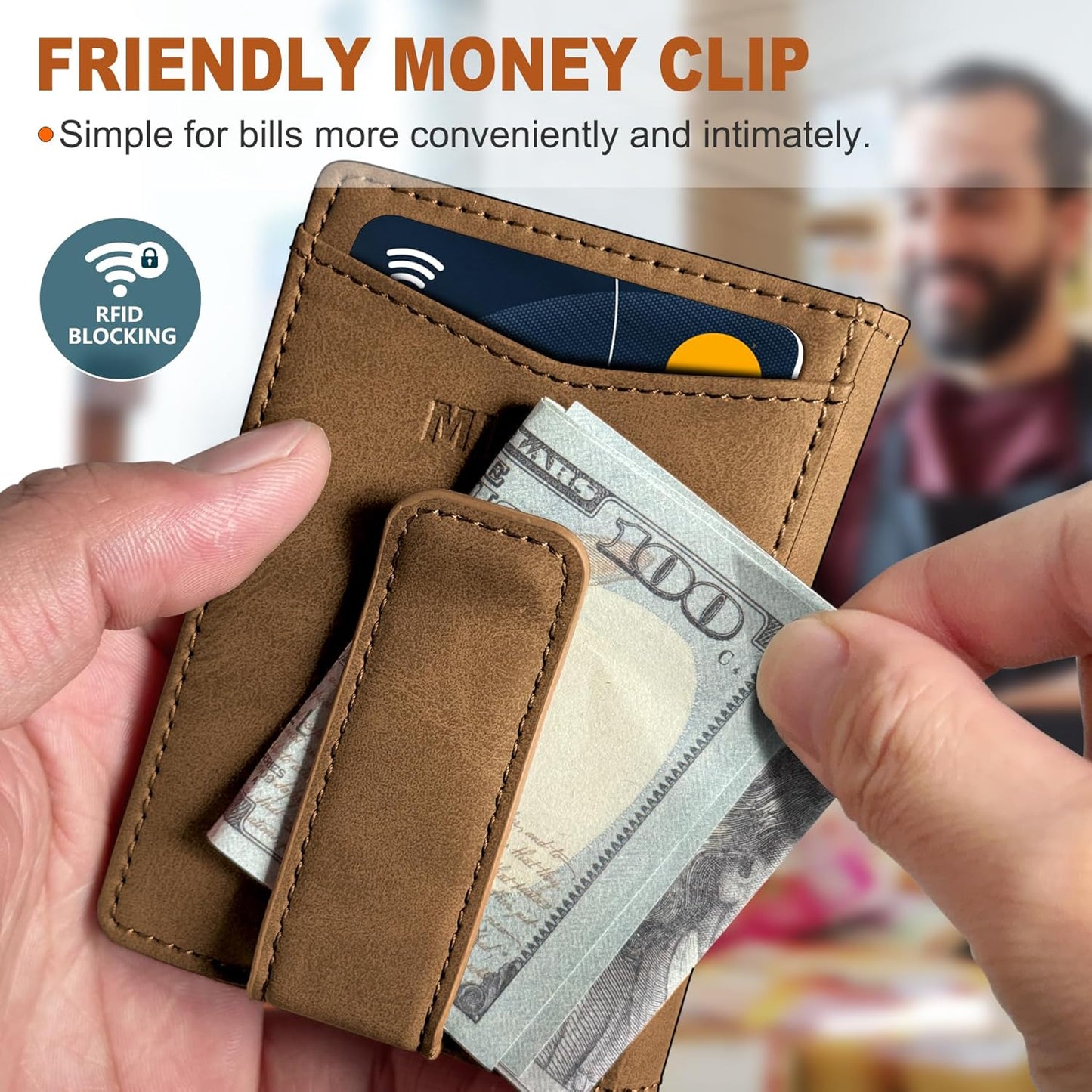 Airtag Wallet for Men- with Money Clip Gift Boxed, Magnetic Closure Slim Genuine Leather Front Pocket Wallet, 4.1"x 2.8", RFID Blocking