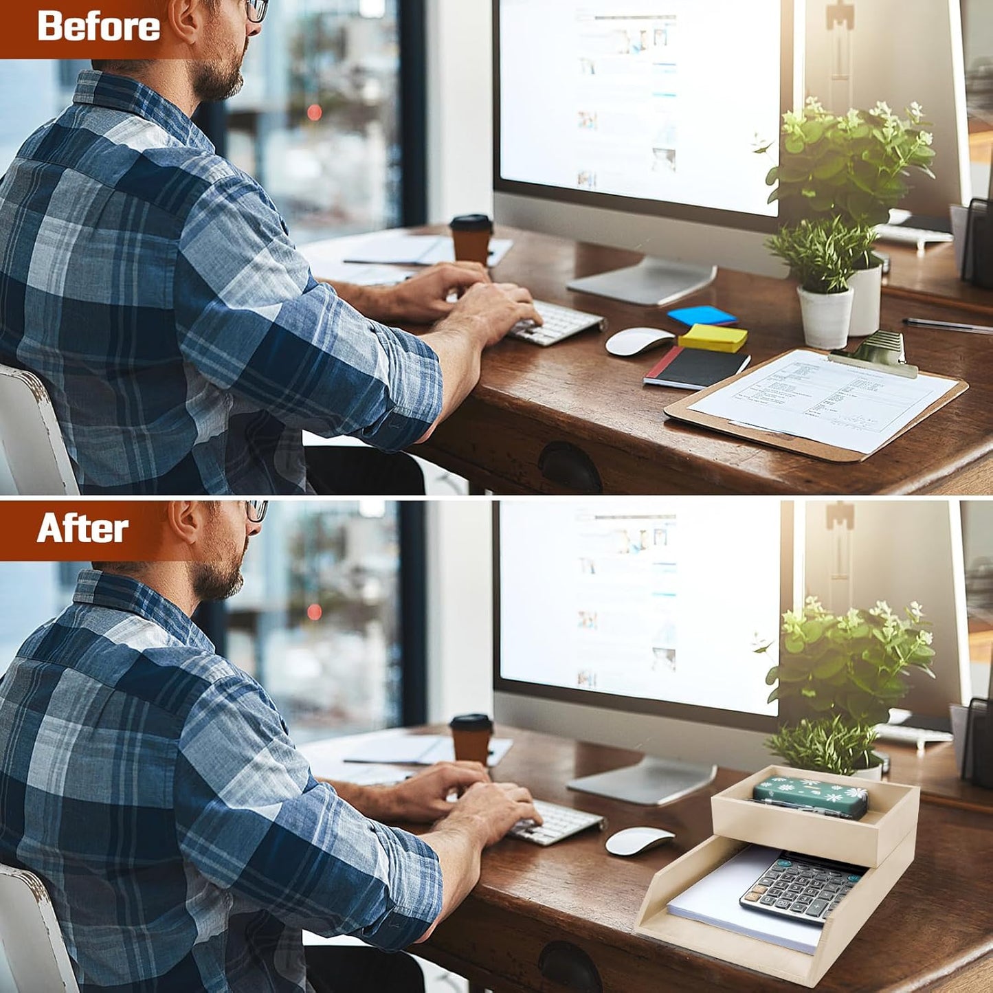 2-Tier Wood Letter Tray Wooden Desk Organizer Letter-Size Tray Magnetic Paper Document File Organizer for Office Supplies Collection Folders Notebooks Desktop Workspace Holder